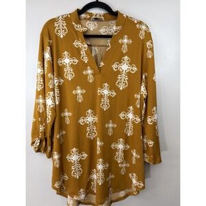 Cowgirl Hardware Boutique Mustard Blouse With White Cross Print Swing Size 2X